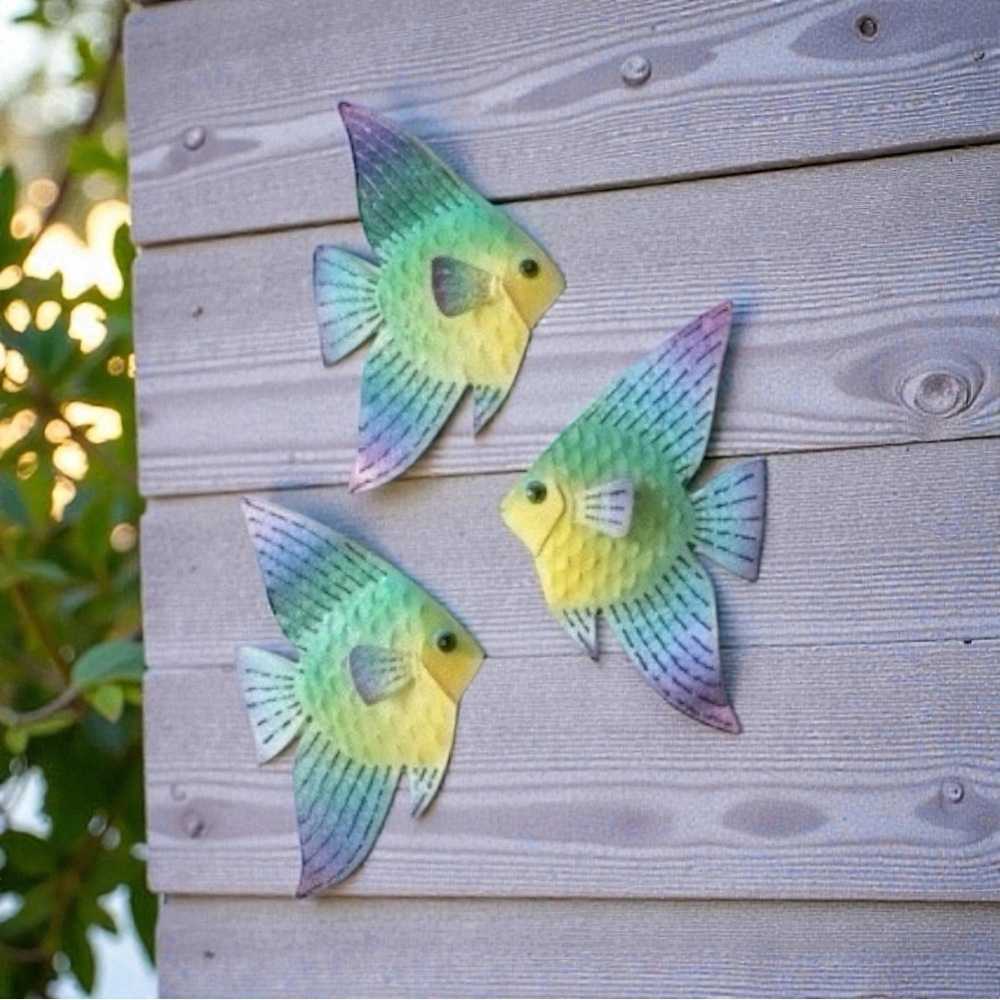 Wall Art Metal Plaques, Indoor-Outdoor Coastal Angelfish. Nautical. Set of 3